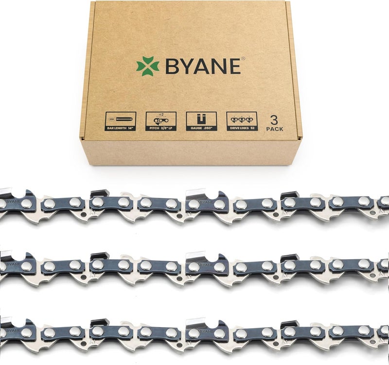 Byane 14 Inch Chainsaw Chain, 3/8" LP Pitch, 050" Gauge, 52 Drive Links, Low Kickback, Fits Husqvarna 120, Echo CS-310, Ryobi RY3714, and More- S52 (3 Chain) - Image 1